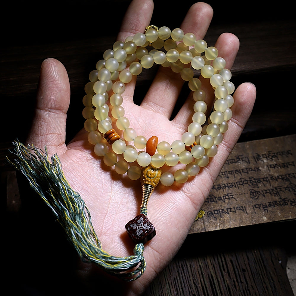 Guardian Yak Bone and Amber Blessing Mala Bracelet