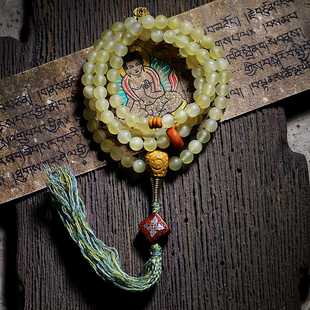 Guardian Yak Bone and Amber Blessing 108 Mala Beads Necklace