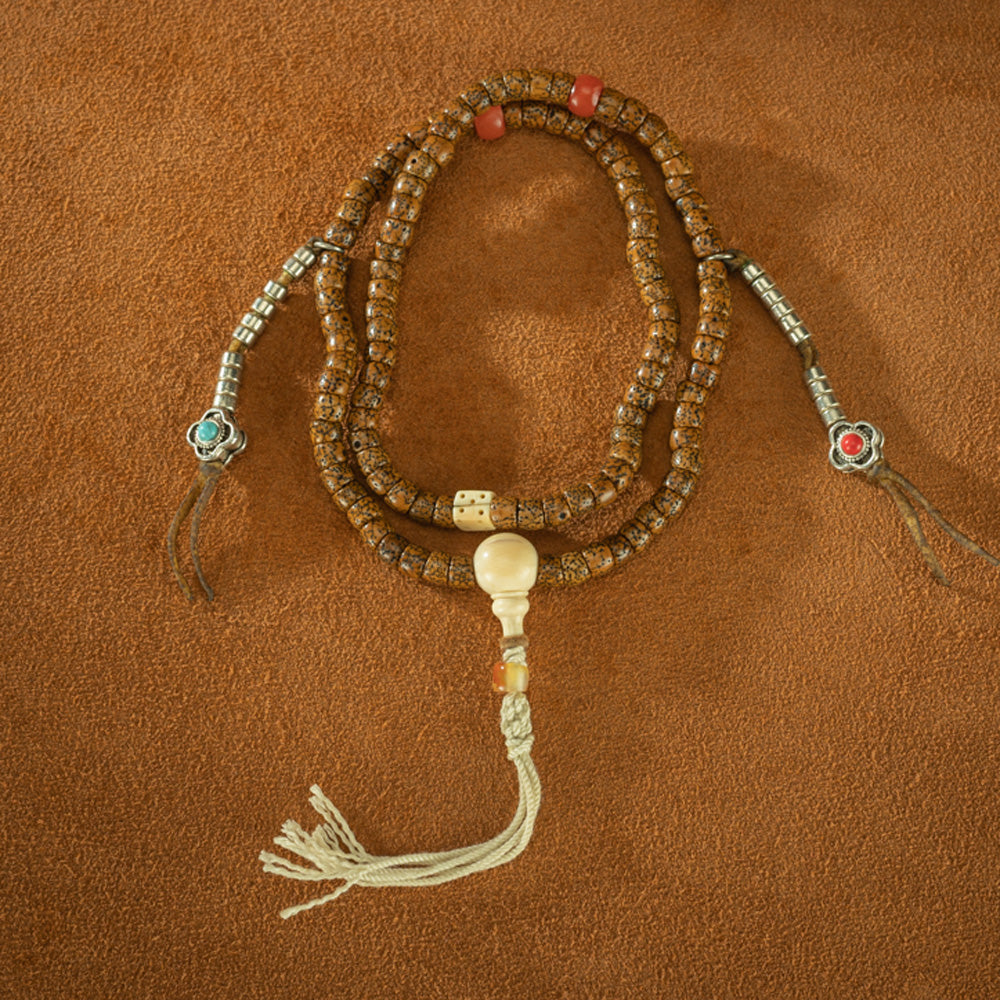 108 Beads Vintage Tibetan Bodhi Seed Bracelet with Turquoise & Silver Accents