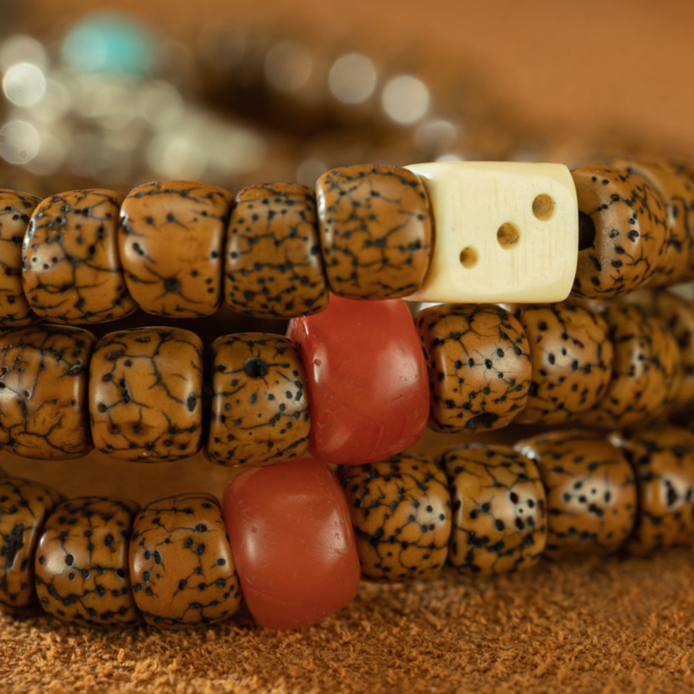 108 Beads Vintage Tibetan Bodhi Seed Bracelet with Turquoise & Silver Accents