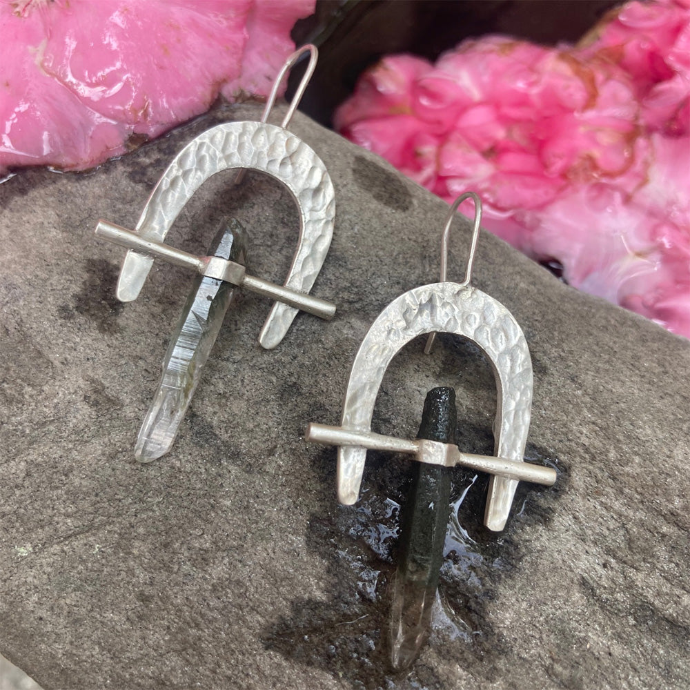 Vitality Arch Earrings - Green Phantom Crystal & Sterling Silver