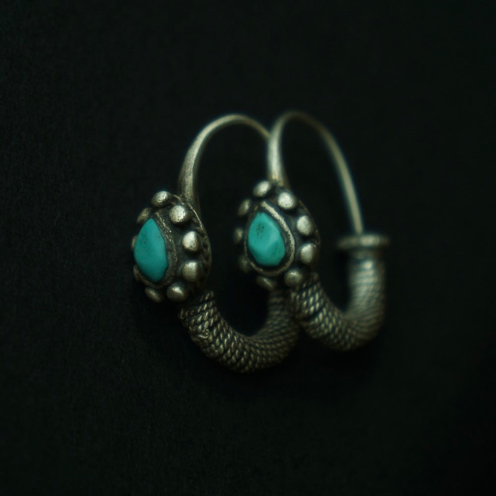 Turquoise Om Earrings, 2024 Yoga, Good Luck Charm, Karen Hill Tribe Fine Silver, Kyanite, Carnelian, Sterling Silver