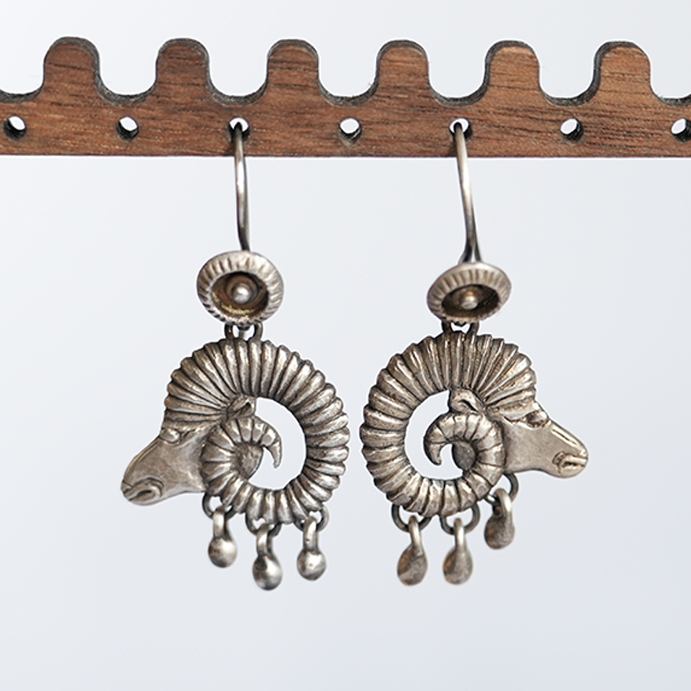 Tibetan Sterling Silver Ram Earrings for Luck and Strength