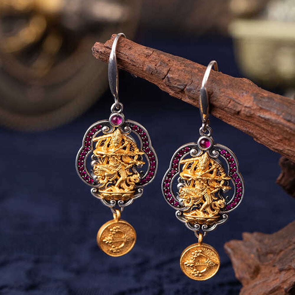 Golden Majesty Silver Drop Earrings Handcrafted for Wealth and Divine Protection