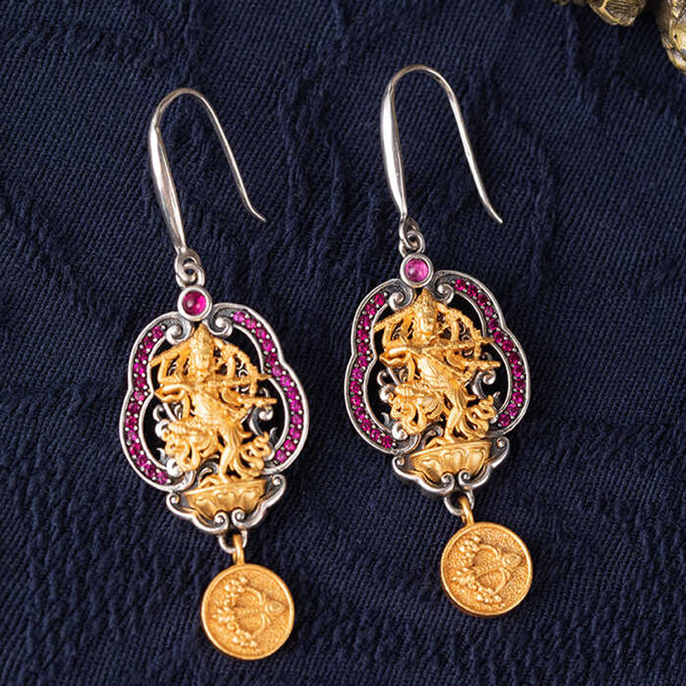 Golden Majesty Silver Drop Earrings Handcrafted for Wealth and Divine Protection