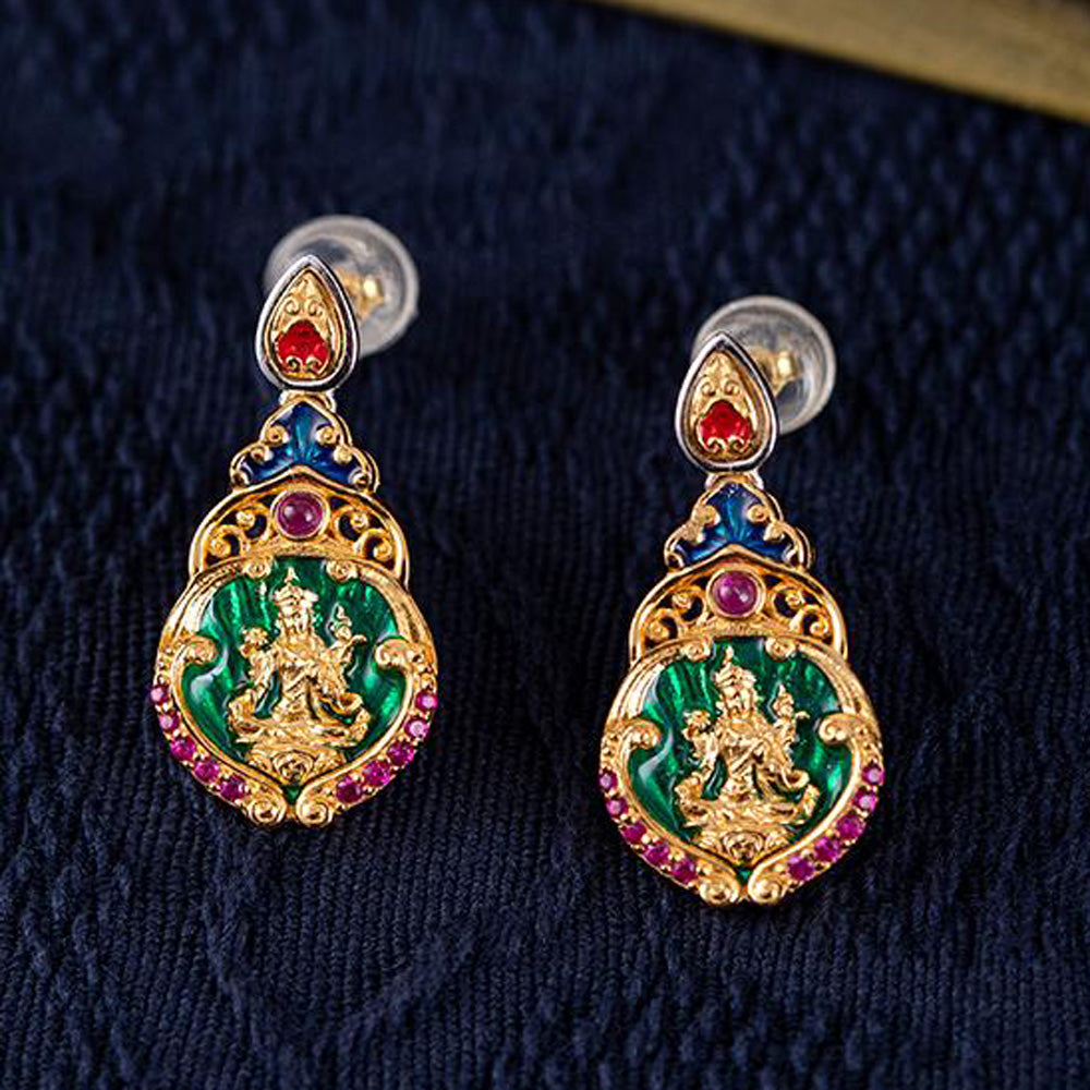 Divine Guardian Silver Drop Earrings Handcrafted with Vibrant Gemstones