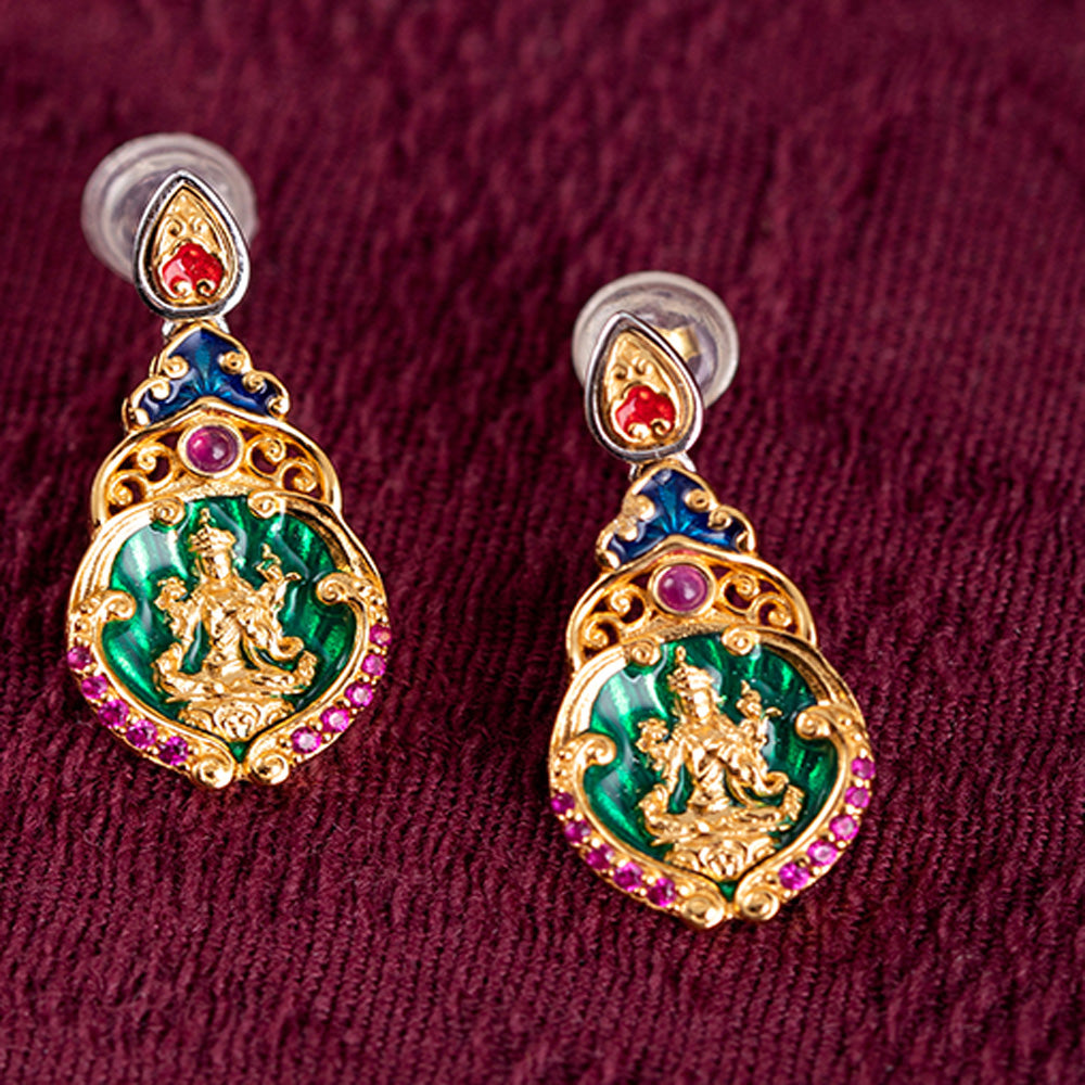 Divine Guardian Silver Drop Earrings Handcrafted with Vibrant Gemstones