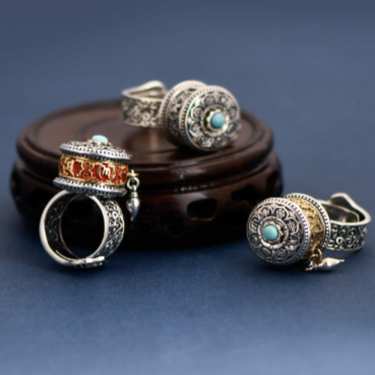 Tibetan Blessing Prayer Wheel Ring – Silver and Turquoise Spinner