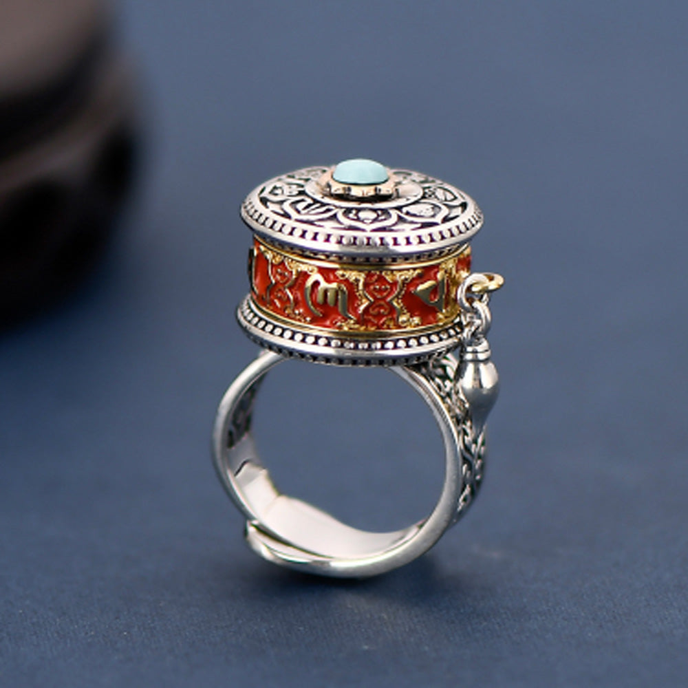 Tibetan Blessing Prayer Wheel Ring – Silver and Turquoise Spinner