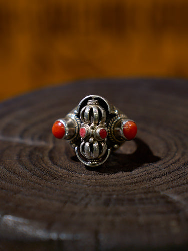 Guardian of Strength Sterling Silver Ring with Red Coral – Himalayan Symbol of Protection