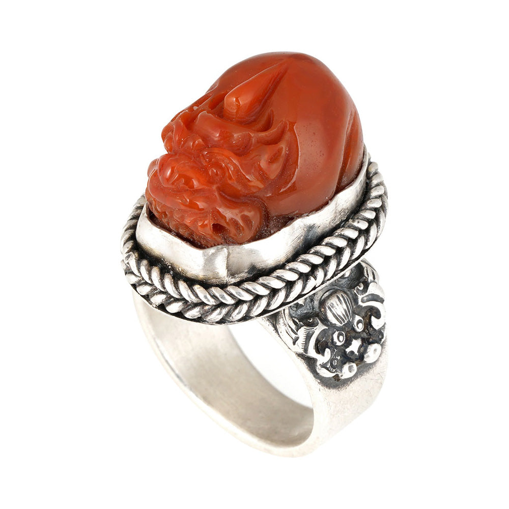 Red Agate Guardian Ring Handcrafted Pi Xiu Silver Rings for Lucky Energy