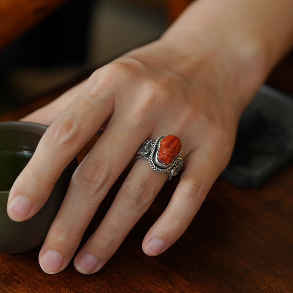 Red Agate Guardian Ring Handcrafted Pi Xiu Silver Rings for Lucky Energy