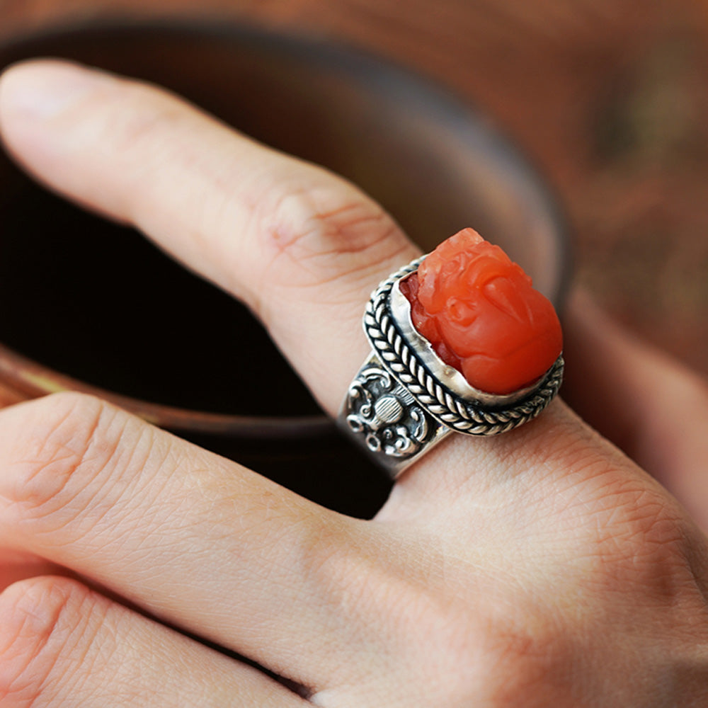 Red Agate Guardian Ring Handcrafted Pi Xiu Silver Rings for Lucky Energy