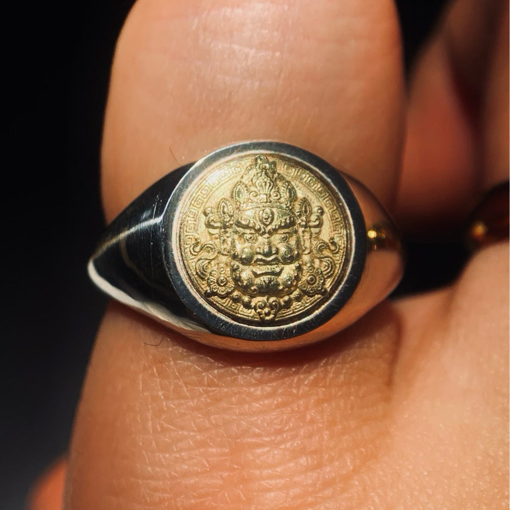 Tibetan Yellow Jambhala Wealth Protection Ring - 18K Gold & Sterling Silver Handmade