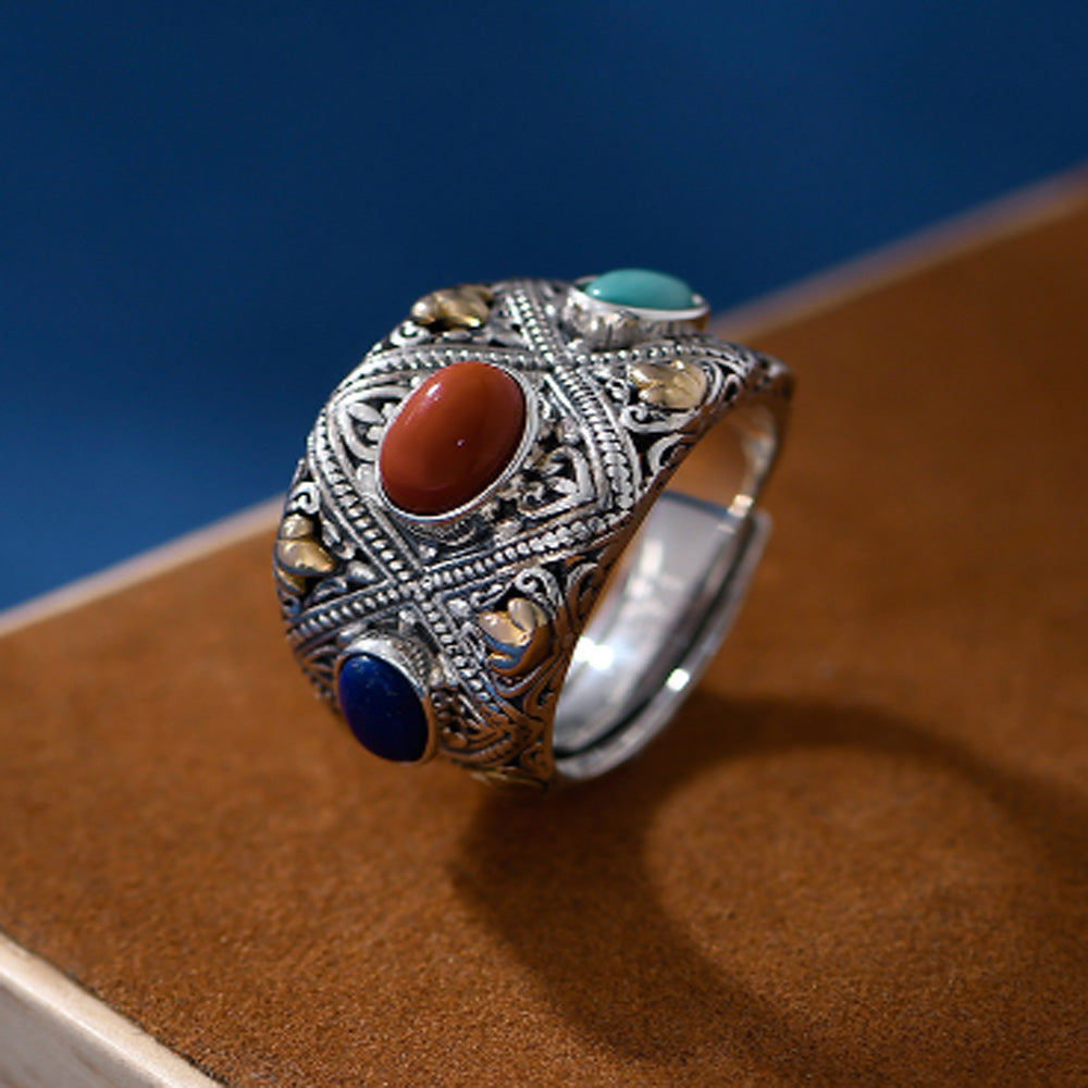 Prosperity Gemstone Guardian Ring – Carnelian, Turquoise, Lapis in Silver