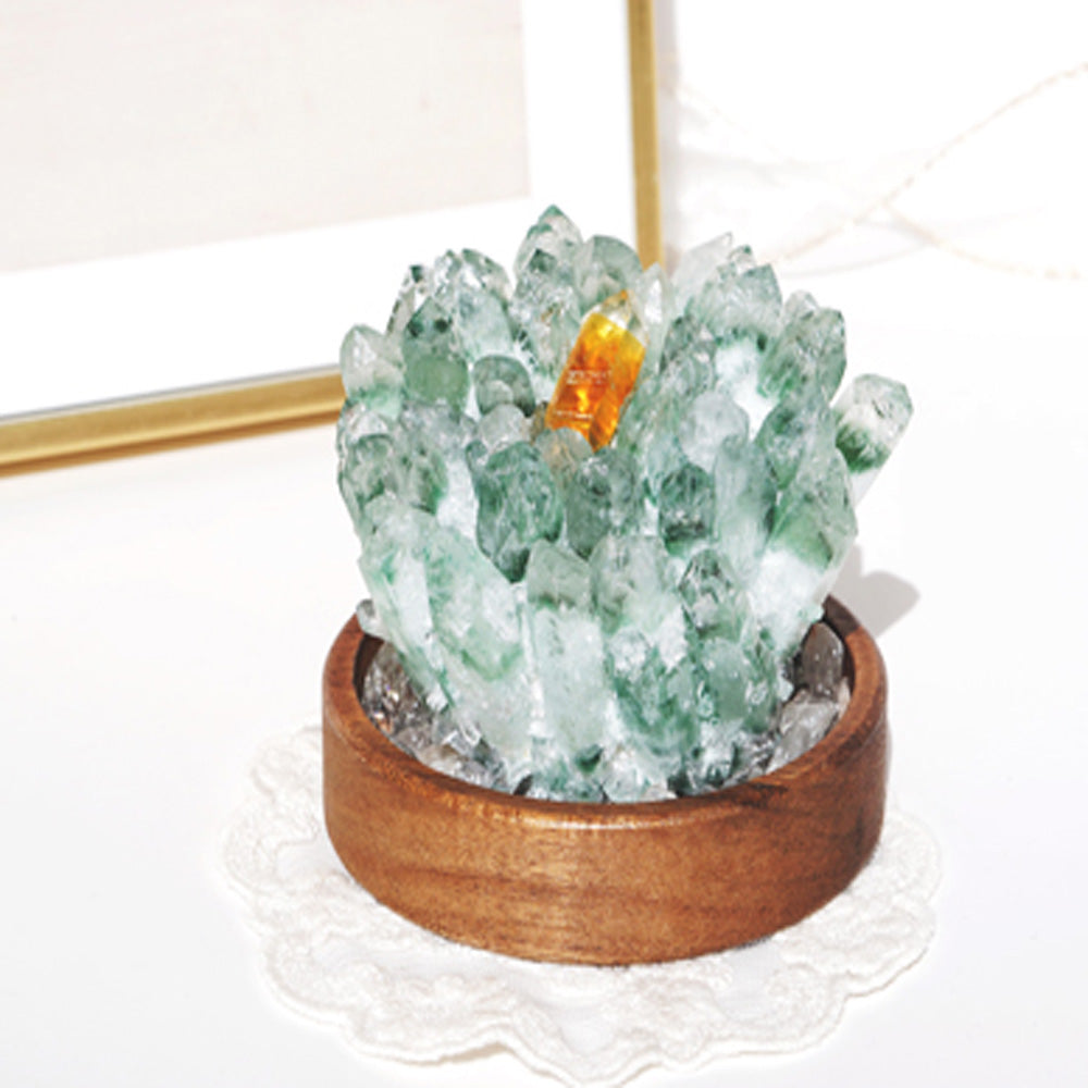 Kailash Energy Exact Wealth Green Phantom Quartz Decoration with Walnut Rosewood and Pine Base