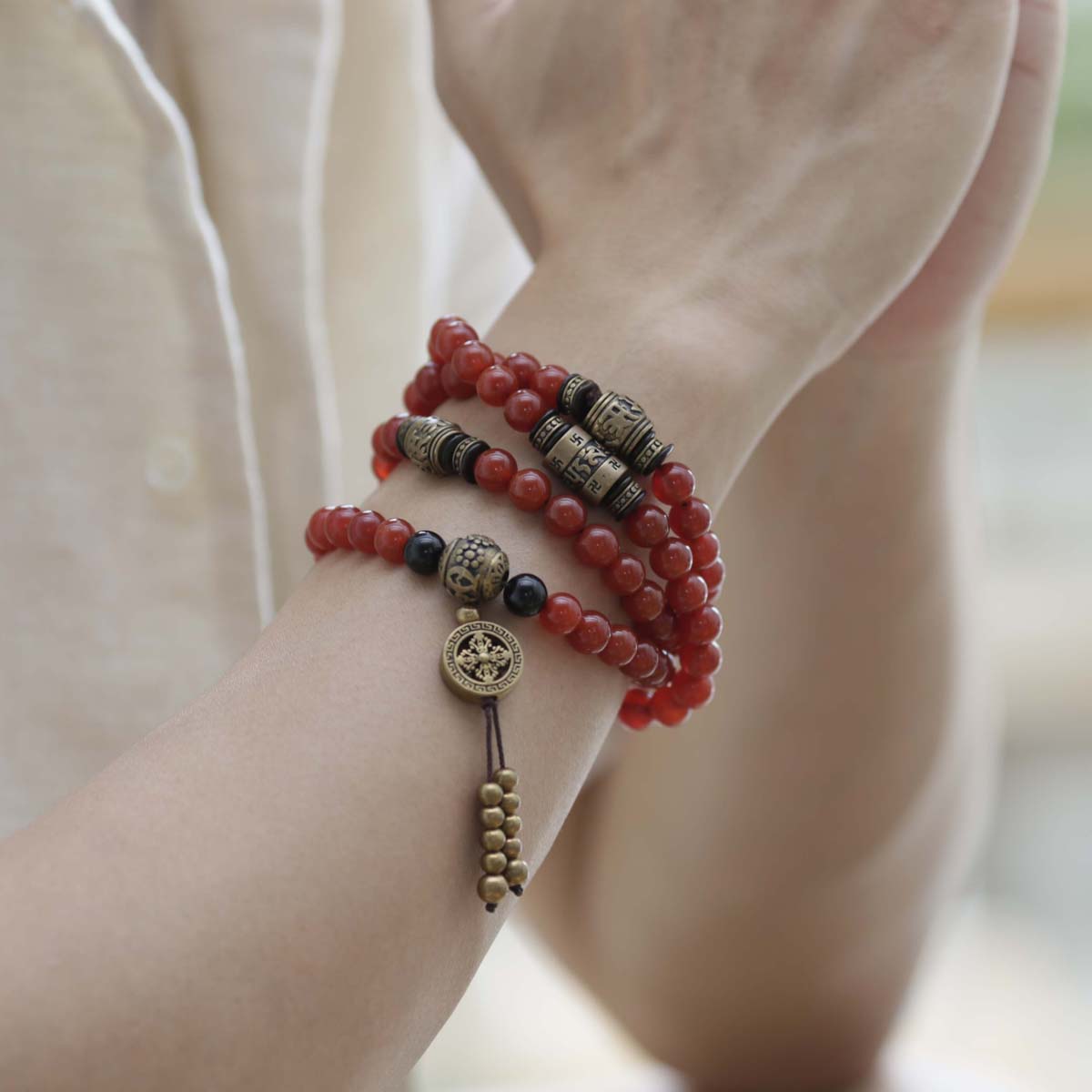 Health Energy Red Carnelian Agate and Obsidian Mala Necklace