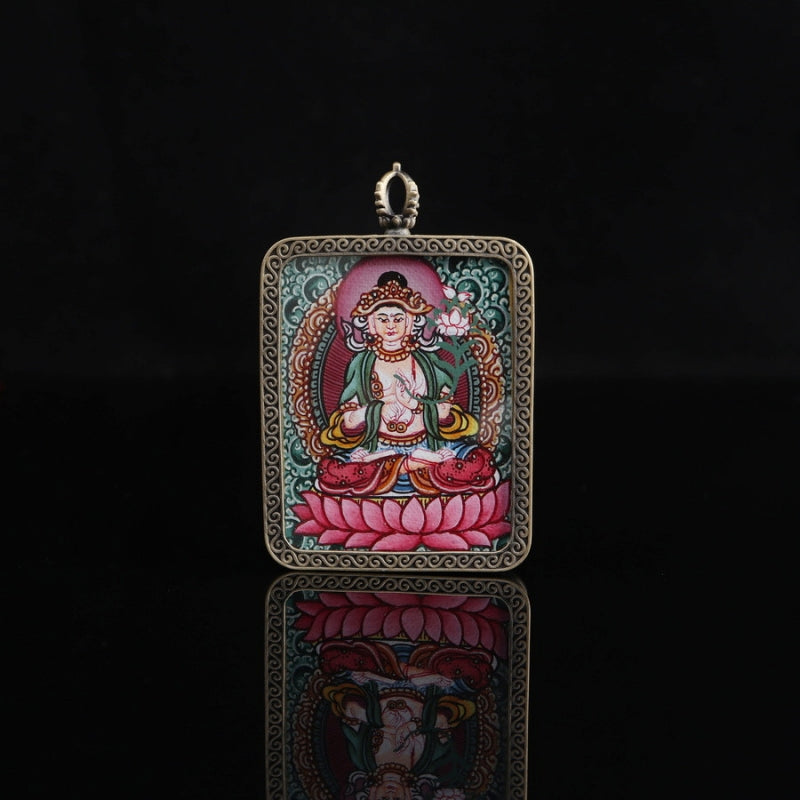 Mahasthamaprapta Tibetan Thangka Pendant with the Eight Auspicious Tibetan Signs Shell puretibetan