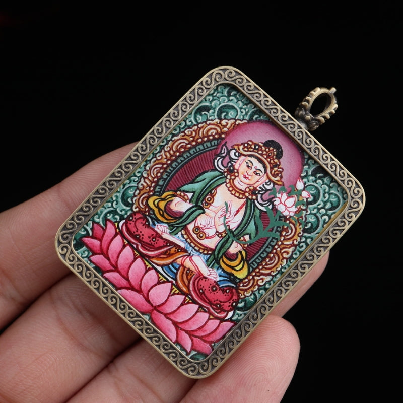 Mahasthamaprapta Tibetan Thangka Pendant with the Eight Auspicious Tibetan Signs Shell puretibetan