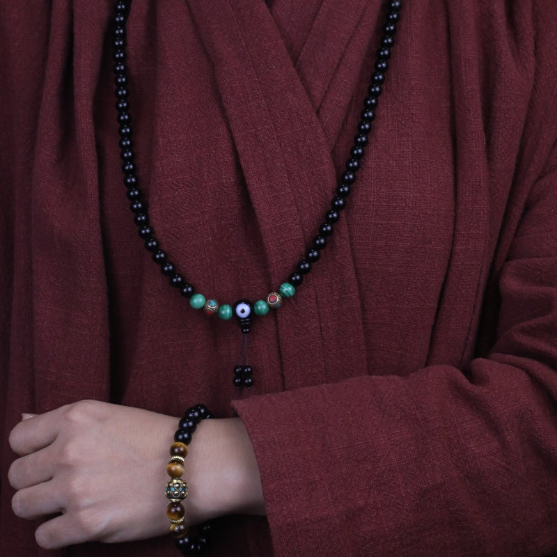 Obsidian Meditation Bracelet & Obsidian and Turquoise Protection Mala puretibetan