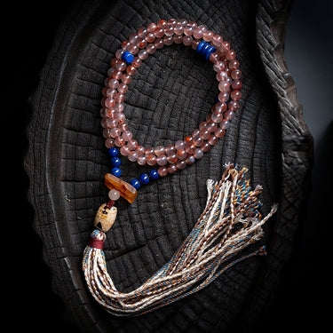 South Red Agate 108 Mala Necklace & Bracelet – Himalayan Spiritual Talisman with Lapis Lazuli Accents