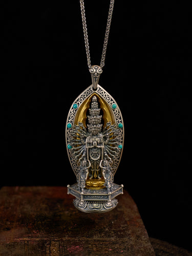 Thousand-Armed Avalokitesvara Turquoise Silver Pendant