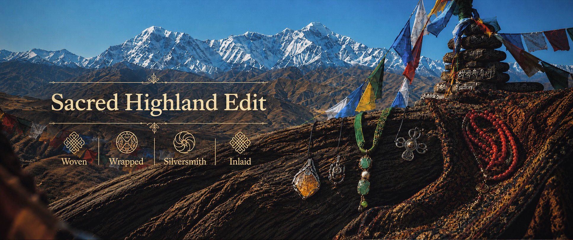 A scenic landscape photo of snow-capped mountains with prayer flags, a stone cairn, and decorative jewelry on a rocky foreground. Text on the left reads 'Sacred Highland Edit' with small icons and labels below.