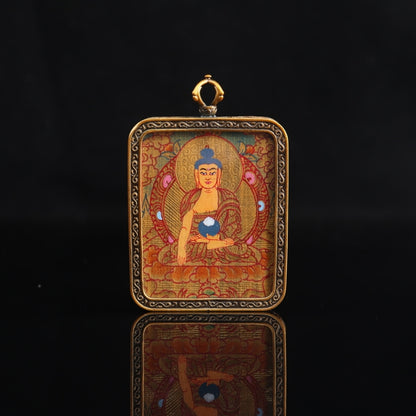 Shakyamuni Buddha Tibetan Thangka Pendant Hand-painted with Gold Outline and Vajra Shell puretibetan