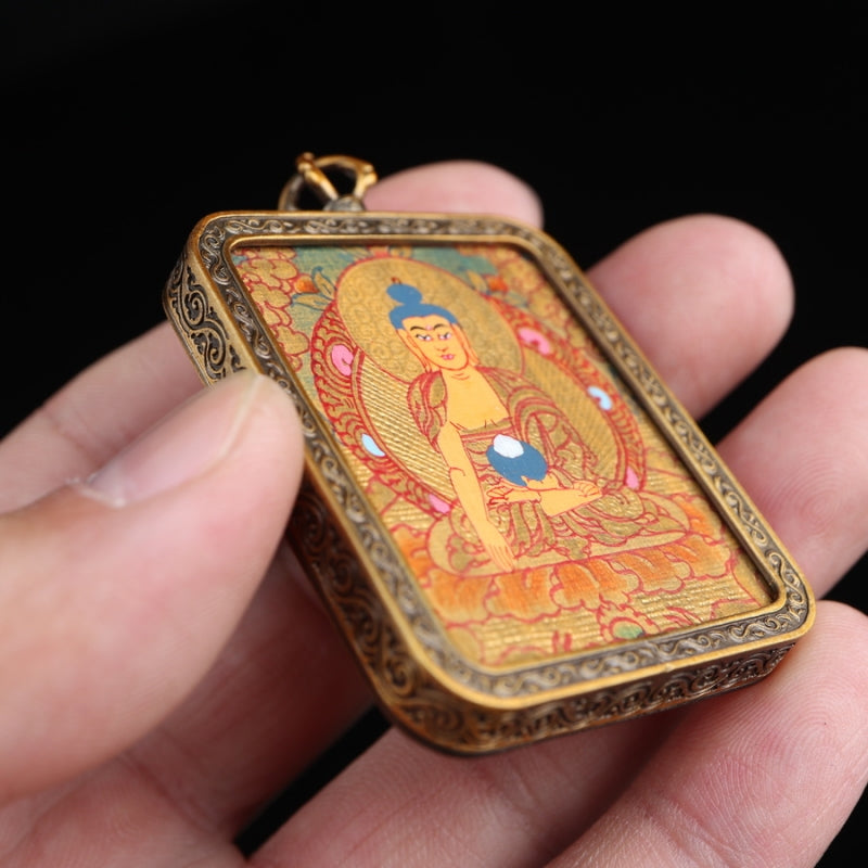 Shakyamuni Buddha Tibetan Thangka Pendant Hand-painted with Gold Outline and Vajra Shell puretibetan