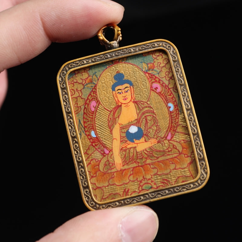 Shakyamuni Buddha Tibetan Thangka Pendant Hand-painted with Gold Outline and Vajra Shell puretibetan