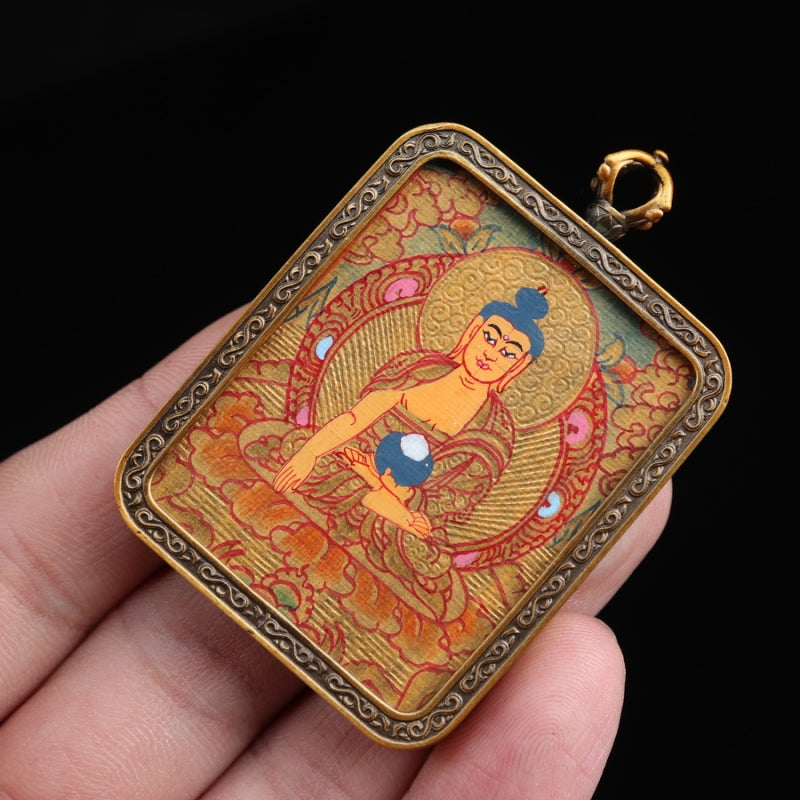 Shakyamuni Buddha Tibetan Thangka Pendant Hand-painted with Gold Outline and Vajra Shell puretibetan