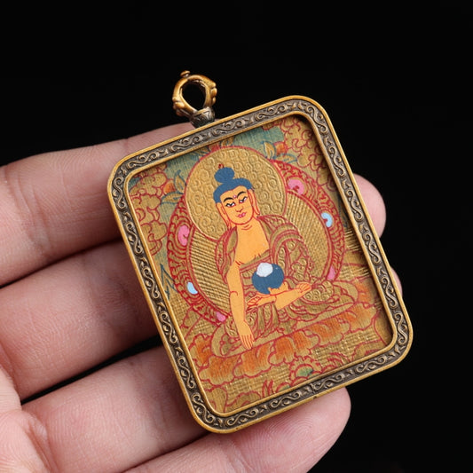 Shakyamuni Buddha Tibetan Thangka Pendant Hand-painted with Gold Outline and Vajra Shell puretibetan