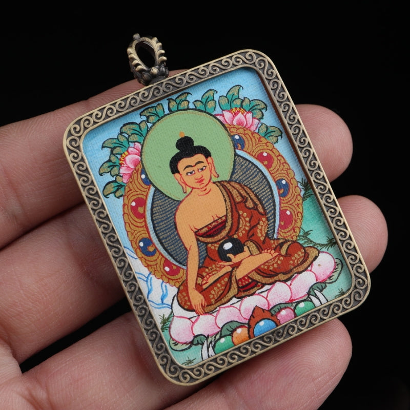 Shakyamuni Buddha Tibetan Thangka Pendant with Eight Auspicious Tibetan Signs Shell puretibetan