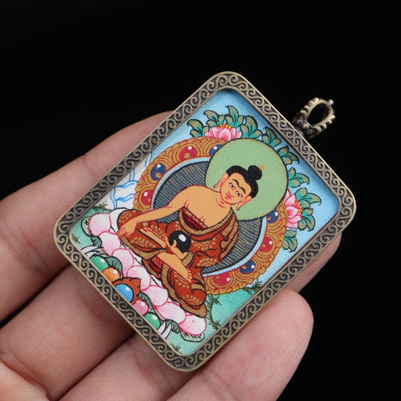 Shakyamuni Buddha Tibetan Thangka Pendant with Eight Auspicious Tibetan Signs Shell puretibetan