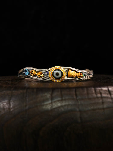Auspicious Protection Dzi Agate Vajra Silver Cuff Bracelet