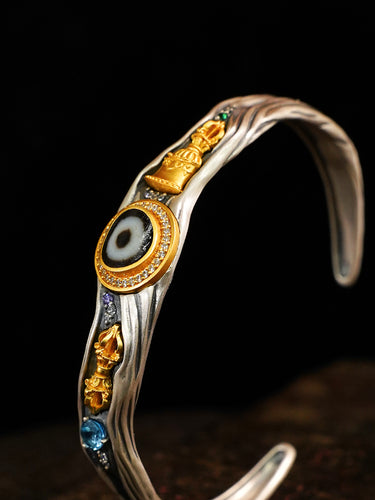 Auspicious Protection Dzi Agate Vajra Silver Cuff Bracelet