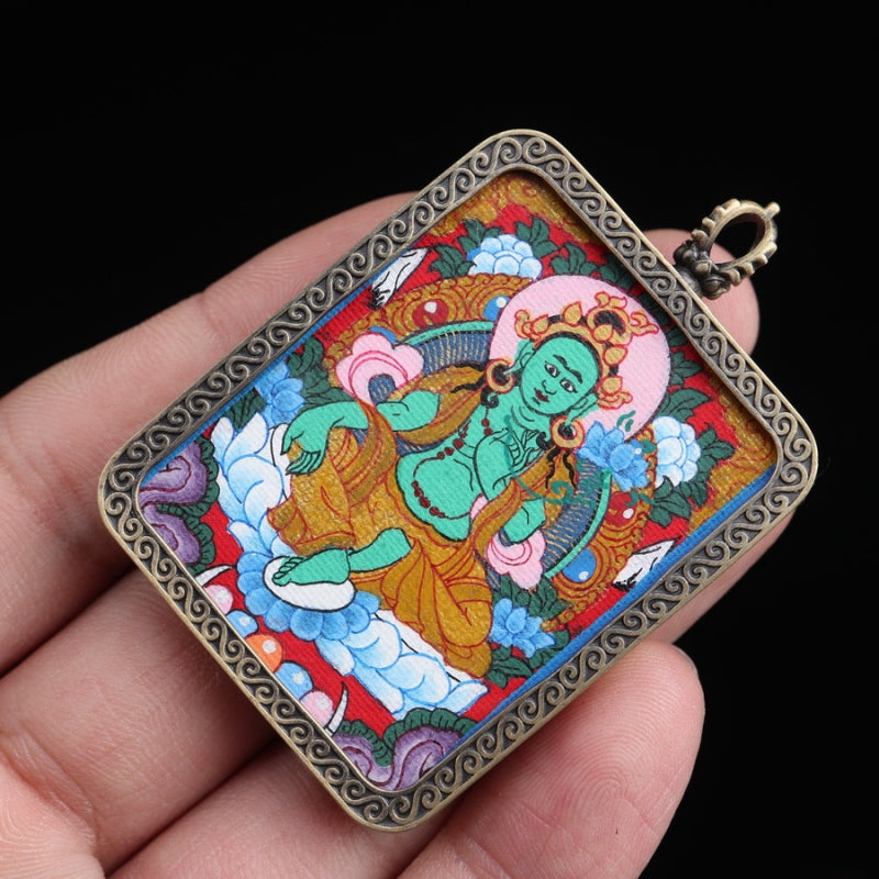 Green Tara Tibetan Thangka Pendant with Eight Auspicious Tibetan Signs Shell puretibetan