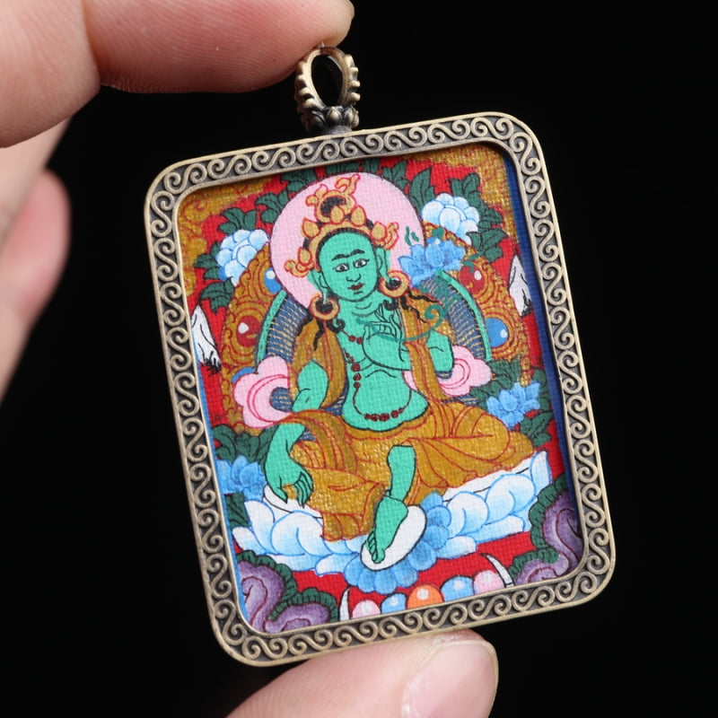 Green Tara Tibetan Thangka Pendant with Eight Auspicious Tibetan Signs Shell puretibetan