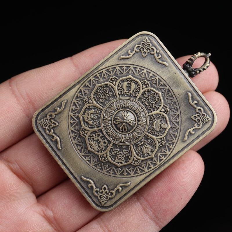 Green Tara Tibetan Thangka Pendant with Eight Auspicious Tibetan Signs Shell puretibetan