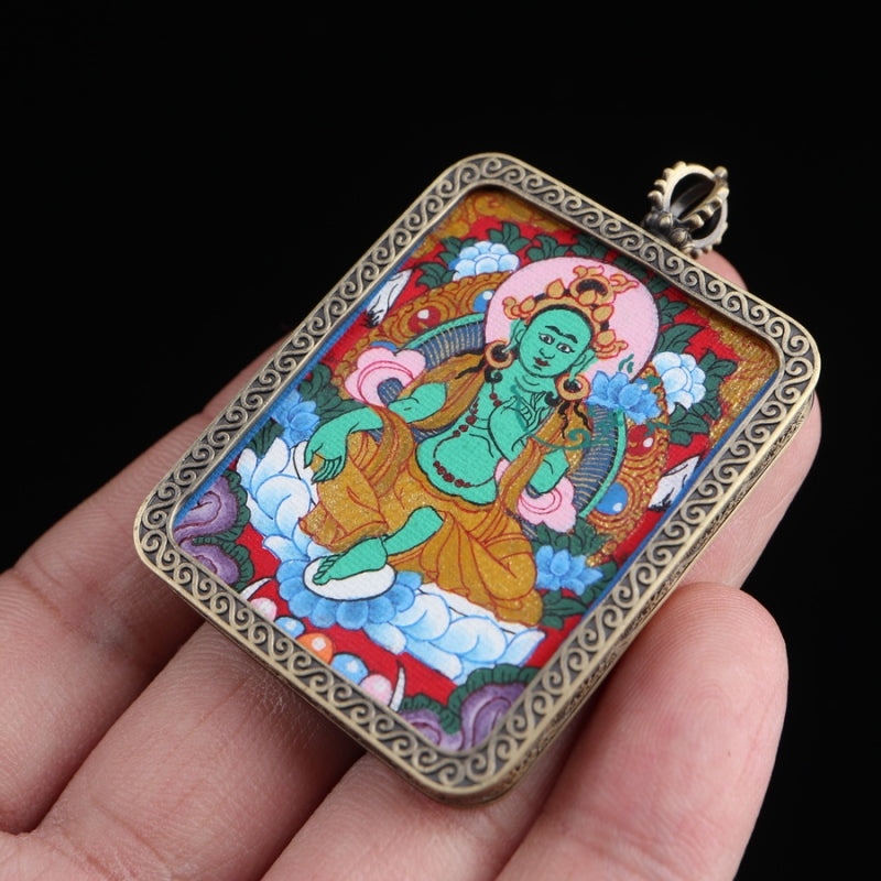 Green Tara Tibetan Thangka Pendant with Eight Auspicious Tibetan Signs Shell puretibetan