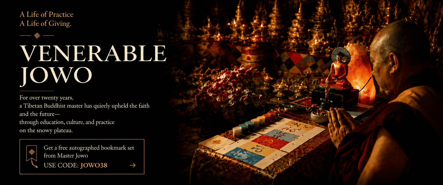 Promotional graphic for 'Venerable Jowo' featuring a Buddhist monk in saffron robes in prayer beside a lit altar with incense and offerings, set against a dark background with gold-toned decorative elements and text.