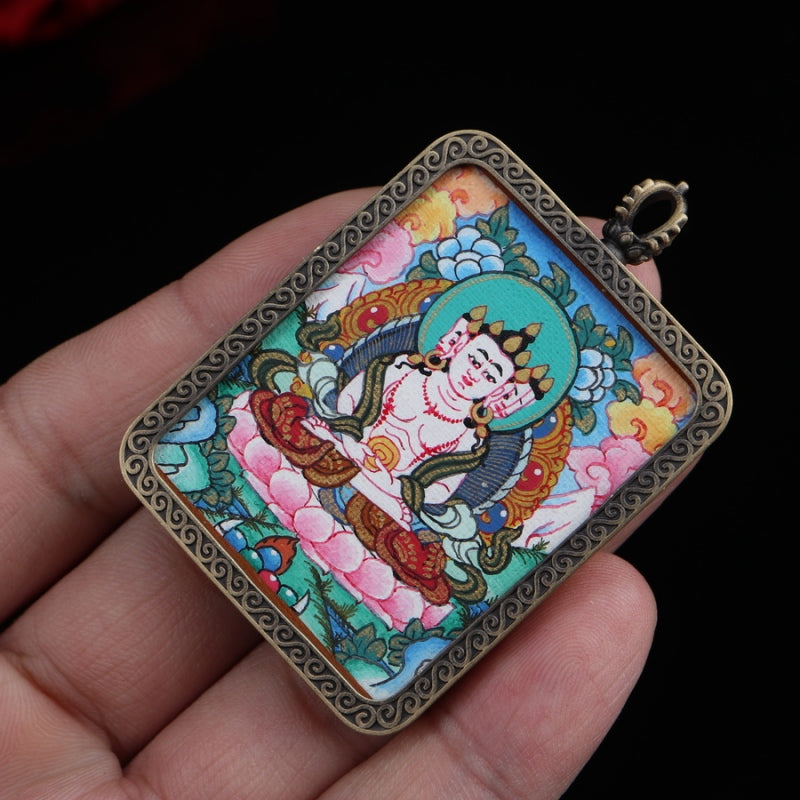 Vairocana Buddha Tibetan Thangka Pendant with Eight Auspicious Tibetan Signs Pure Copper Shell puretibetan