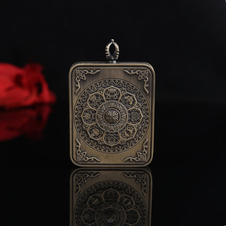 Vairocana Buddha Tibetan Thangka Pendant with Eight Auspicious Tibetan Signs Pure Copper Shell puretibetan