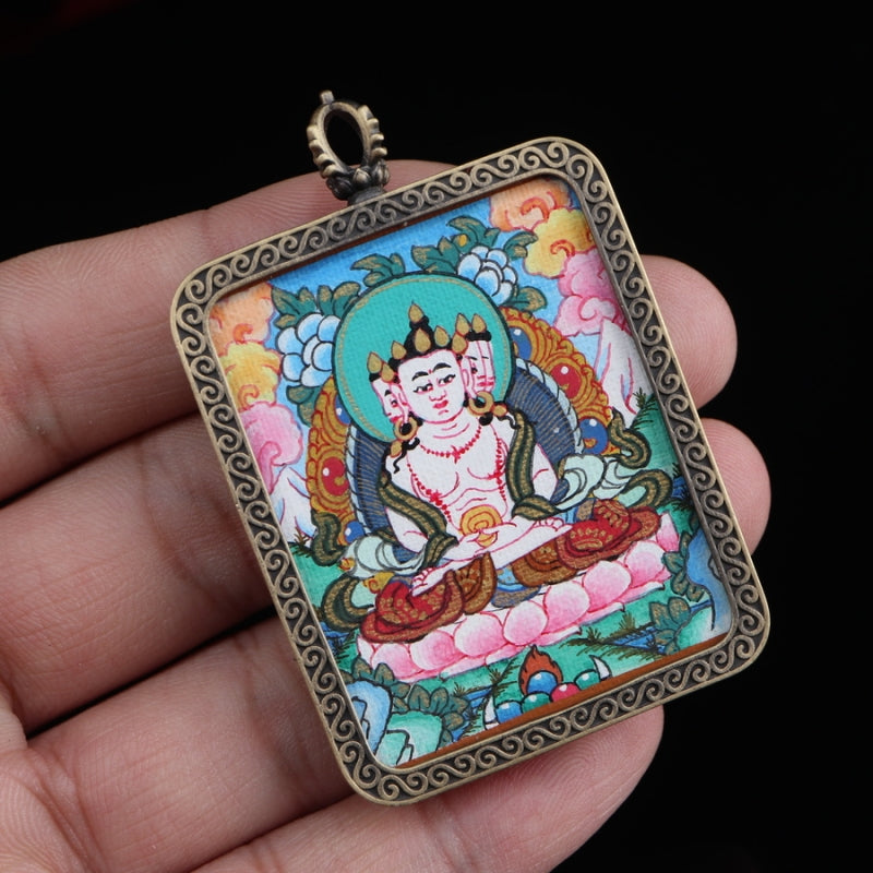 Vairocana Buddha Tibetan Thangka Pendant with Eight Auspicious Tibetan Signs Pure Copper Shell puretibetan