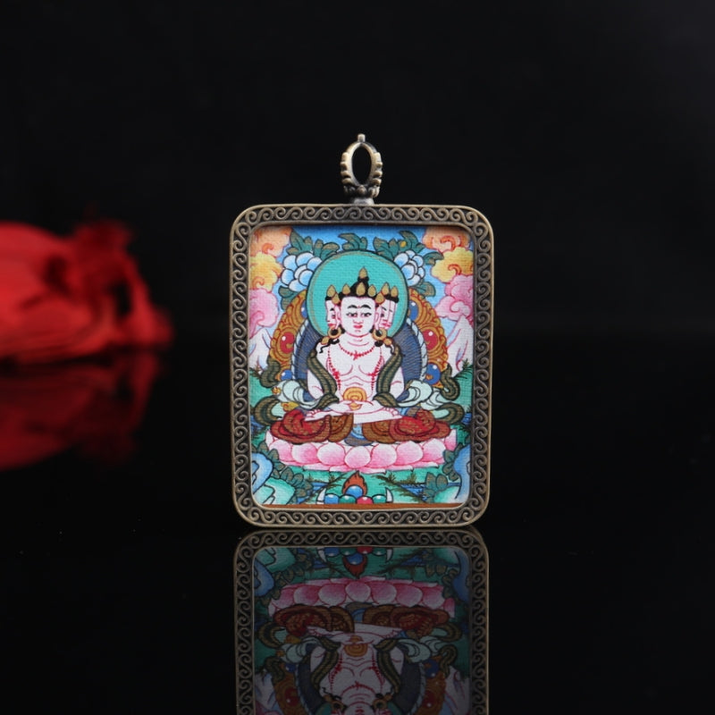 Vairocana Buddha Tibetan Thangka Pendant with Eight Auspicious Tibetan Signs Pure Copper Shell puretibetan