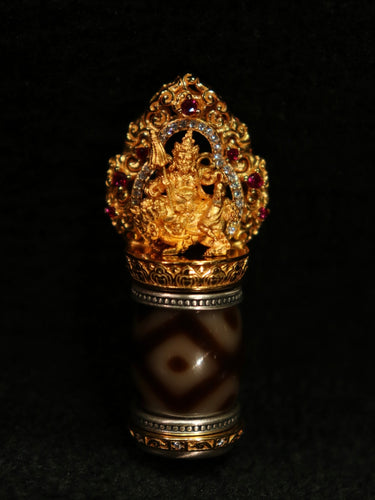 Sacred Wealth Energy Pendant – Dzi Beads with Gilded Buddha for Prosperity