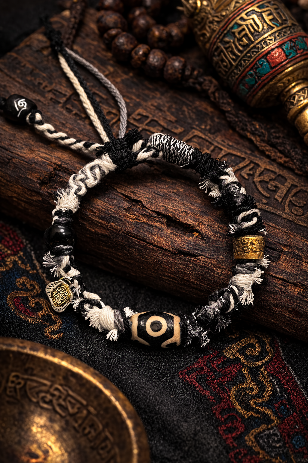 Nomadic Weaves Wealth Vision Three-Eye Dzi Tibetan Five-Color Cord Bracelet