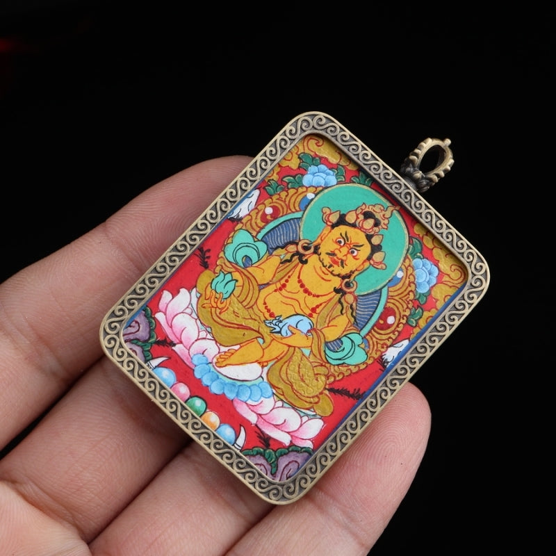 Yellow Jambhala Tibetan Thangka Pendant with Eight Auspicious Tibetan Signs Shell puretibetan