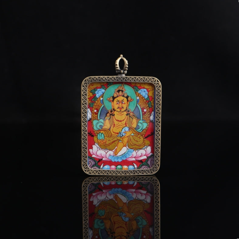 Yellow Jambhala Tibetan Thangka Pendant with Eight Auspicious Tibetan Signs Shell puretibetan