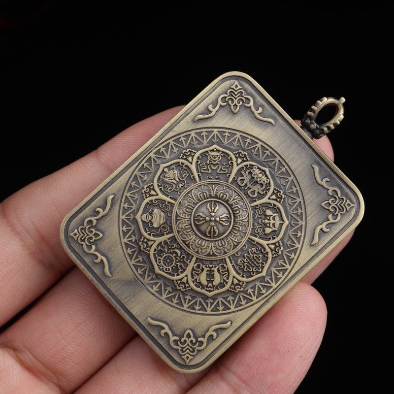 Yellow Jambhala Tibetan Thangka Pendant with Eight Auspicious Tibetan Signs Shell puretibetan